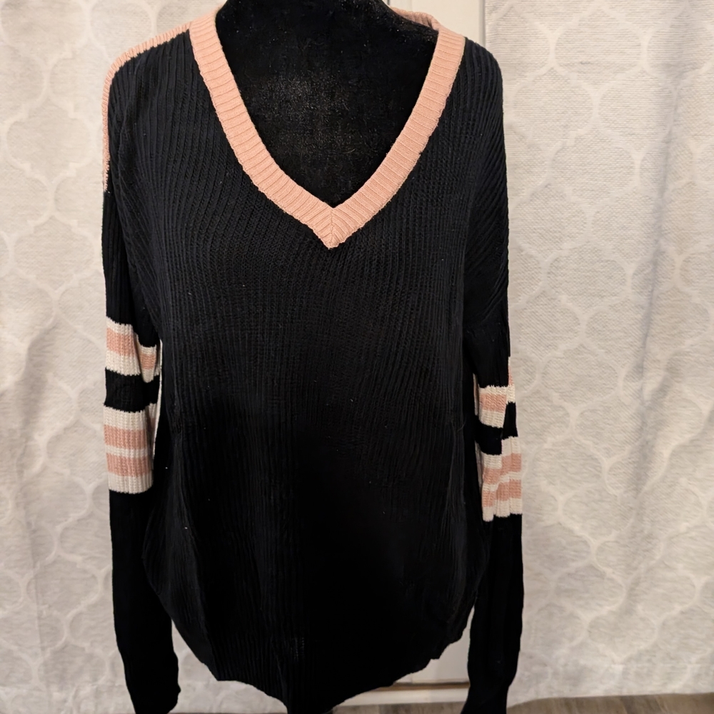 BCBG Black and Pink V-Neck Sweater